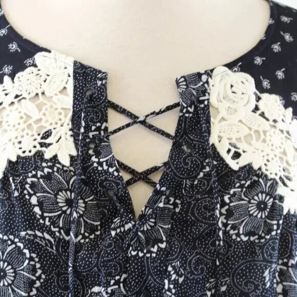 Ann Taylor Loft Dark Floral Print Lace Tassel Peasant Boho Long Sleeve Blouse - - Picture 7 of 11